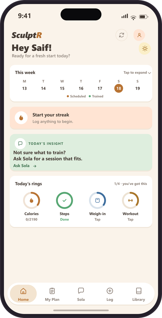 The SculptR home screen showing daily rings for calories, steps, weight and workout