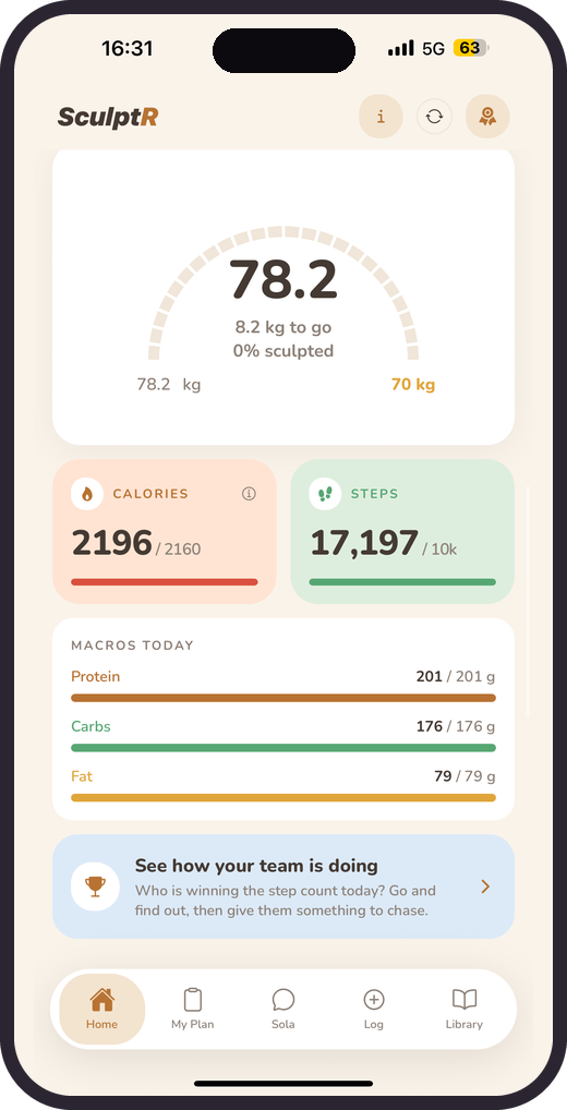 Today: weight gauge, calories, steps and macros